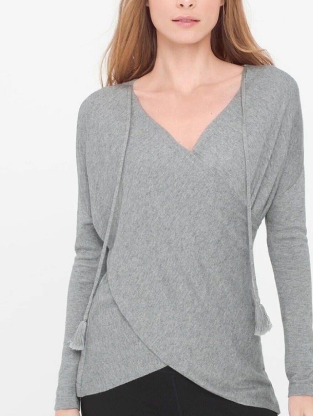 Fate Black Market Gray V-Neck Wrap Sweater with Tassel Ties